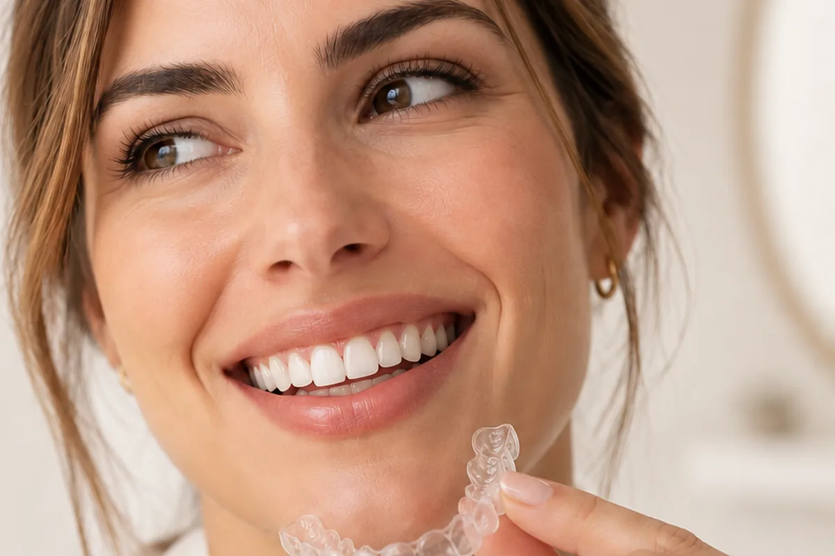 Mulher sorrindo enquanto segura um alinhador ortodôntico transparente