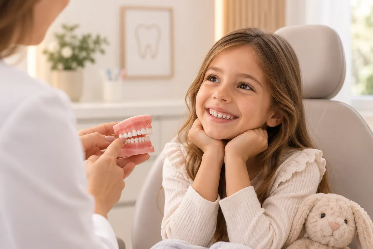 Menina sorrindo na cadeira odontológica enquanto a ortodontista mostra um modelo de arcada dentária