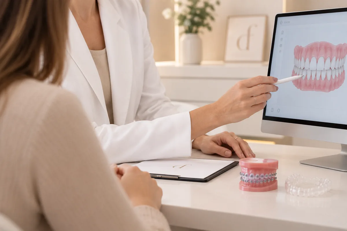 Ortodontista apontando para o modelo digital de uma arcada dentária na tela, durante a consulta de avaliação