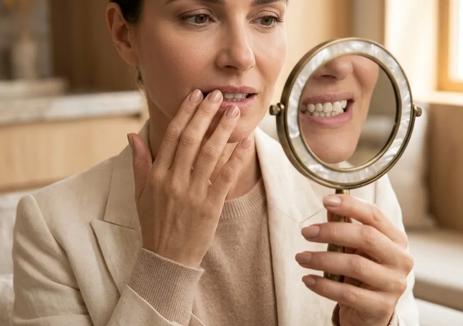 Mulher observando os próprios dentes em um espelho de mão