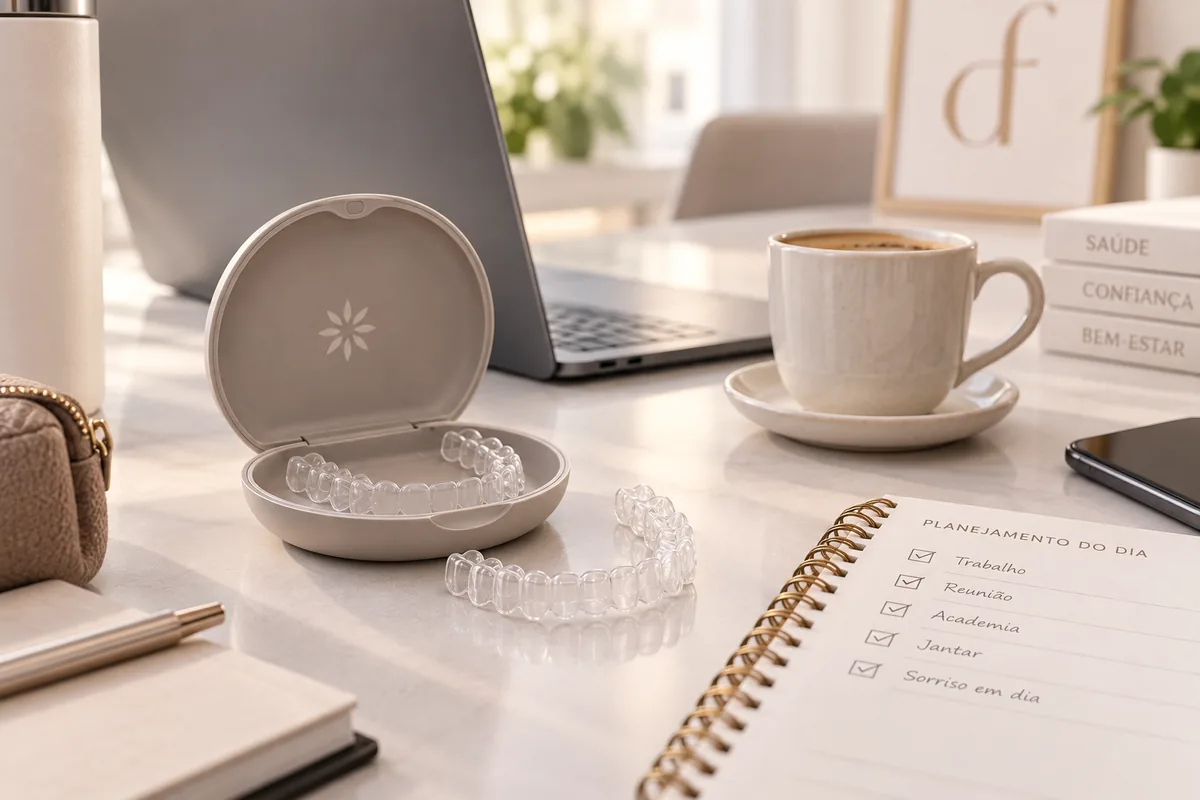 Alinhadores transparentes e o estojo sobre a mesa de trabalho, ao lado do notebook, do café e da agenda do dia