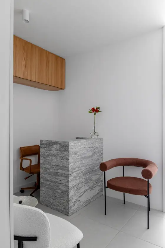 Recepção do consultório da Dra. Danielle Flor: bancada de mármore, poltrona e marcenaria em madeira clara.
